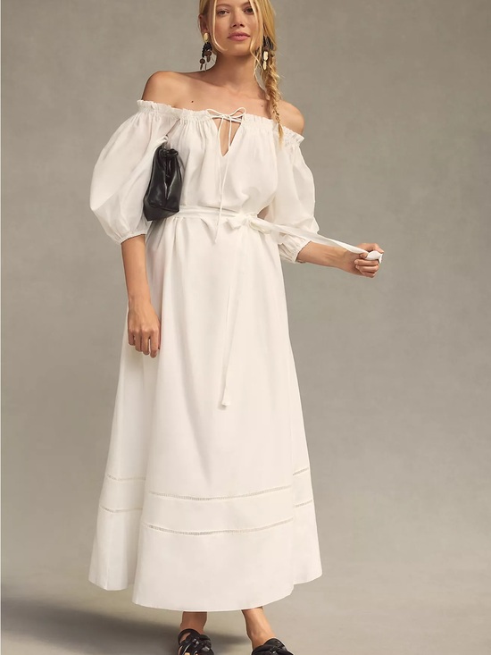 Anthropologie Dresses & Skirts - Anthropologie White Off-Shoulder Midi Peasant Dress XSP silk cotton fairycore